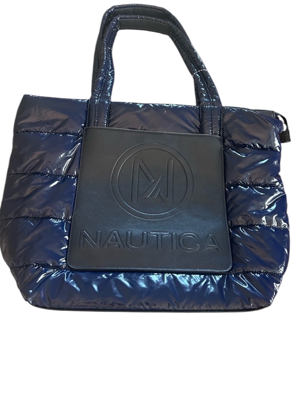 Electric Blue Quilted Puffy Shiny Nylon Logo Embellished Weekend Tote - Picture 4 of 6